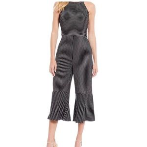 Skies Are Blue Tie Back Black White Striped Pinafore Flare Leg Cropped Jumpsuit